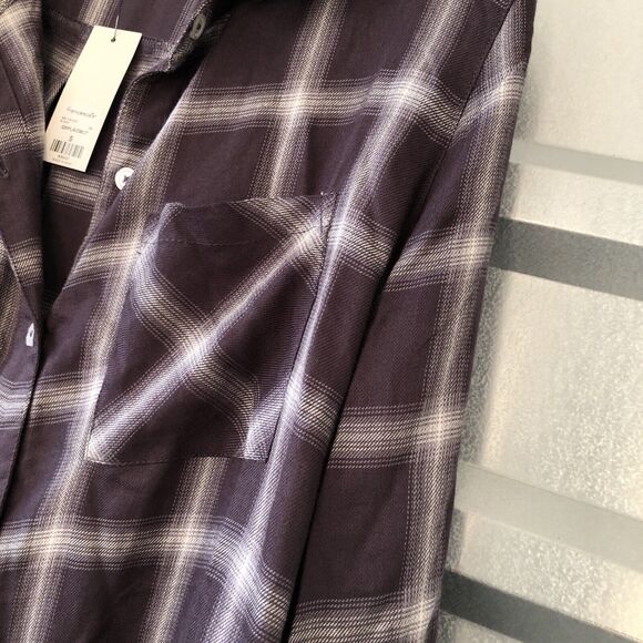 Francescas blue rain button up shirt small long sleeve plaid purple light ti - Picture 5 of 11